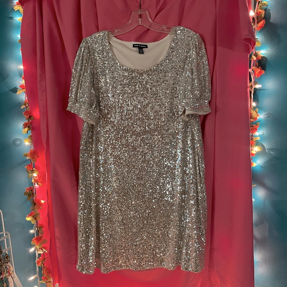 Cable and Gauge Puff Sleeve Sequin Swing Dress Champagne
